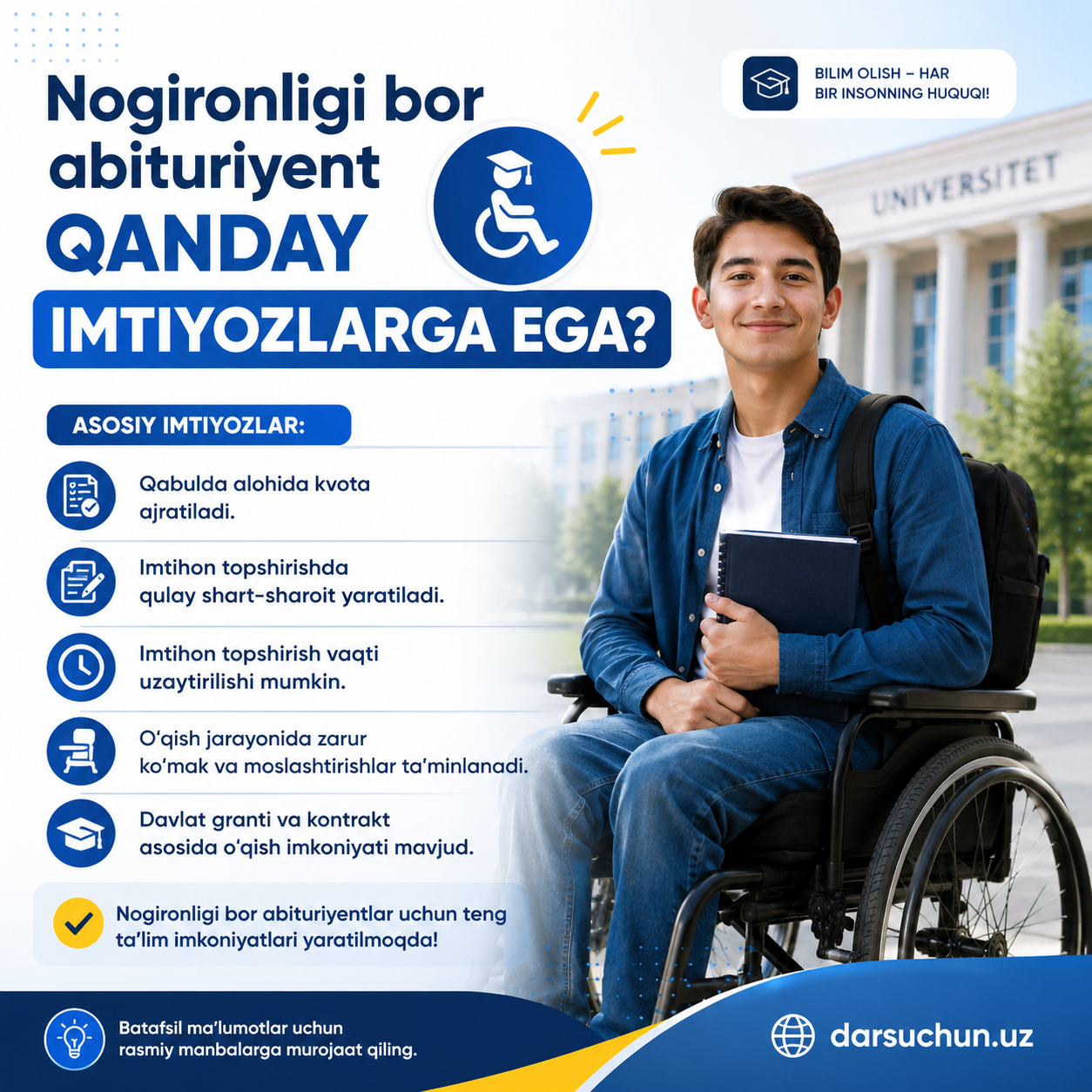 Nogironligi bor abituriyent qanday imtiyozlarga ega