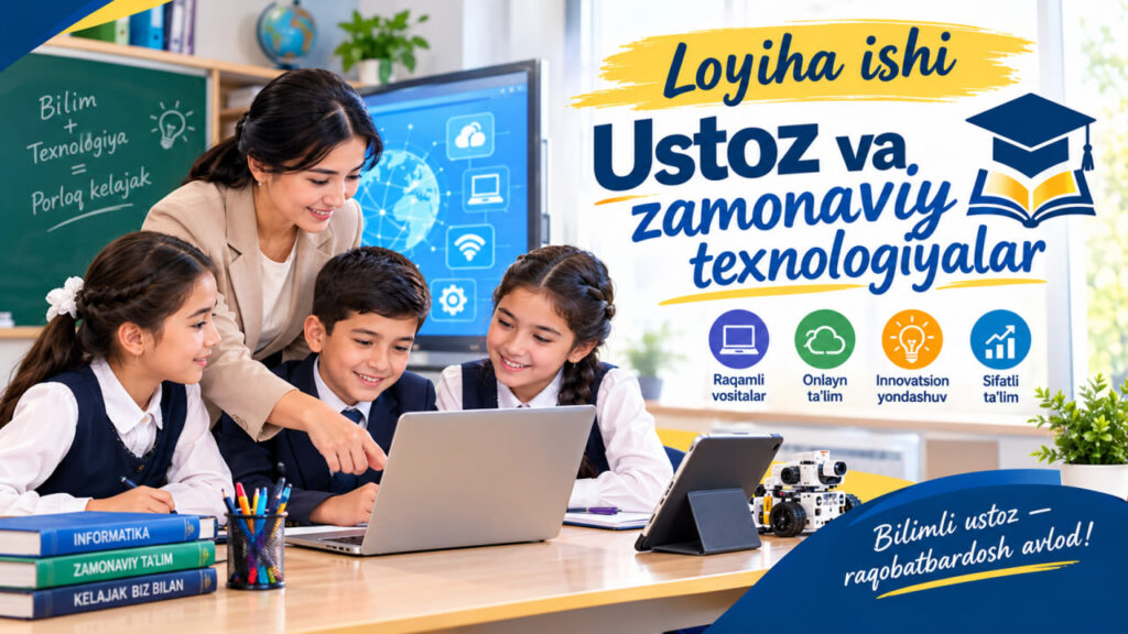 Loyiha ishi Ustoz va zamonaviy texnologiyalar deb yozilgan rasm